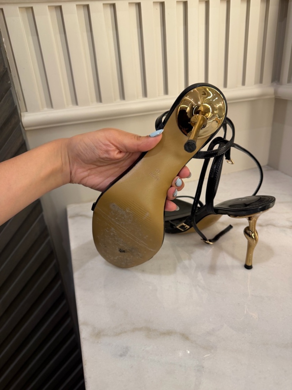 JW PEI Black Patent Strappy Sandal with Gold Stiletto Heel - Picture 5 of 5